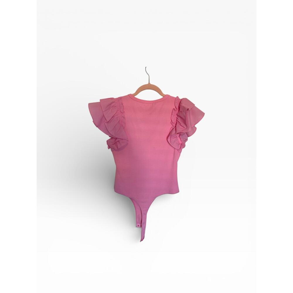 Day+Moon Women's Medium Solid Pink Short Sleeve Ruffle V-Neck Bodysuit - Picture 6 of 8